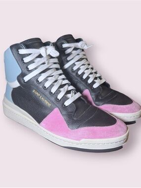 Vintage Saint Laurent High Top Sneakers, Pink Suede & Leather, EU 42